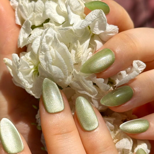 Apple Cider is a reusable handmade press-on nails set by Leme. Embrace the season with Apple Cider, our fresh spring collection featuring a stunning apple green fine cat-eye finish. Each set showcases multiple nail shapes to suit your style—from classic almond to bold square. Handcrafted with premium quality materials, these reusable press-on nails deliver a flawless, salon-finish look in seconds. Perfect for adding that effortless, cute spring vibe to any occasion.