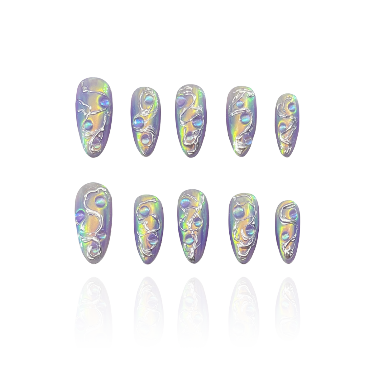 Aurora Tide is a reusable handmade press-on nails set by Leme. The set features a sophisticated chrome finish and a medium almond shape, offering a durable and sleek surface that resists tarnish. Its high-quality 3D design provides depth and texture, enhancing visual appeal while ensuring lasting performance. Ideal for those seeking a refined and modern aesthetic, this piece combines expert craftsmanship with functional elegance.