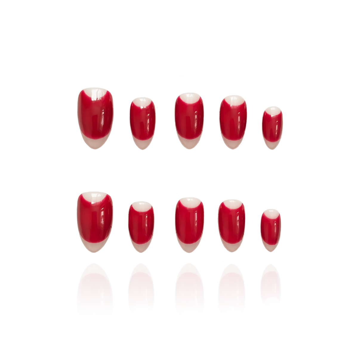 Bold Romance is a reusable handmade press-on nails set by Leme. Experience the elegance of Bold Romance, featuring short almond-shaped nails crafted with high-quality materials. The rich red hue adds a sophisticated and timeless touch to the French design, perfect for making a confident statement with expert precision.