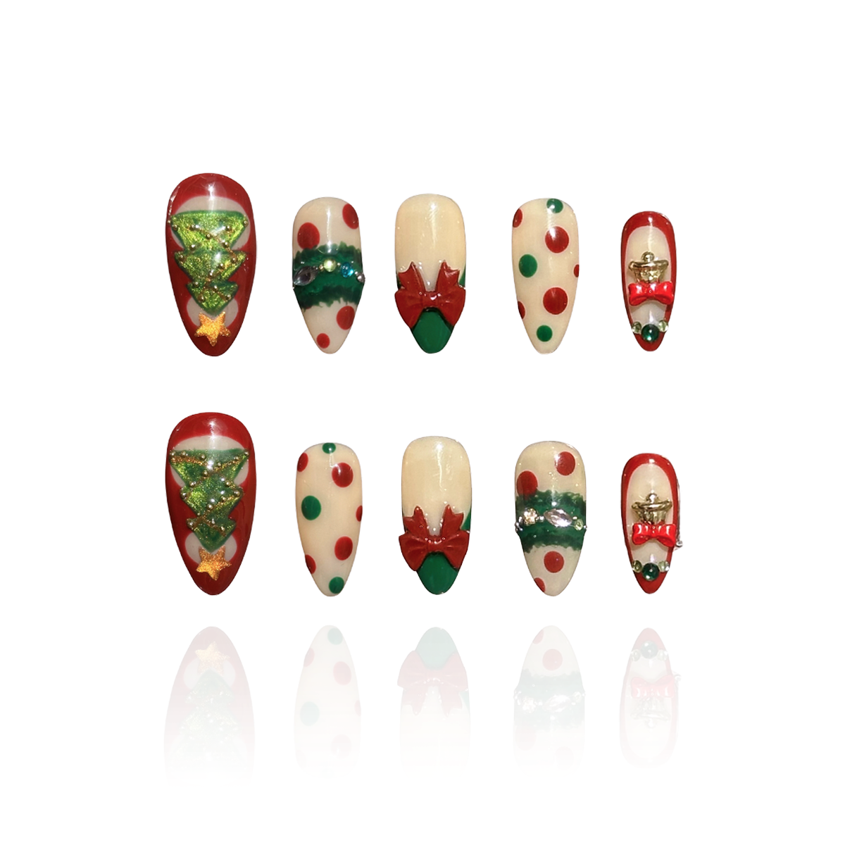 Christmas Song is a reusable handmade press-on nails set by Leme. Celebrate the season with Christmas Song, a sophisticated press-on nail set featuring medium almond-shaped nails in festive green and red. Each nail showcases meticulous artistry: delicate green cat-eye designs adorn the thumbs with a Christmas tree motif and golden cat-eye stars on top. The index and ring fingers feature gem-embellished Christmas wreaths. Dimensional 3D bows on French tips on the middle fingers, and ornate golden bells on th