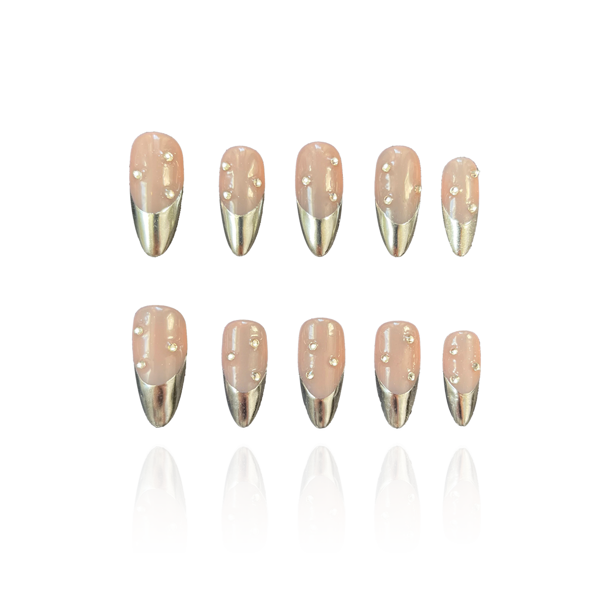 Cold Mirror is a reusable handmade press-on nails set by Leme. Elevate your nail game with Cold Mirror, featuring expertly crafted almond-shaped 3D nails in a sophisticated nude base. These high-quality nails showcase striking gold chrome French tips, blending modern elegance with a subtle metallic sheen. Perfect for those seeking a refined yet eye-catching manicure that lasts.