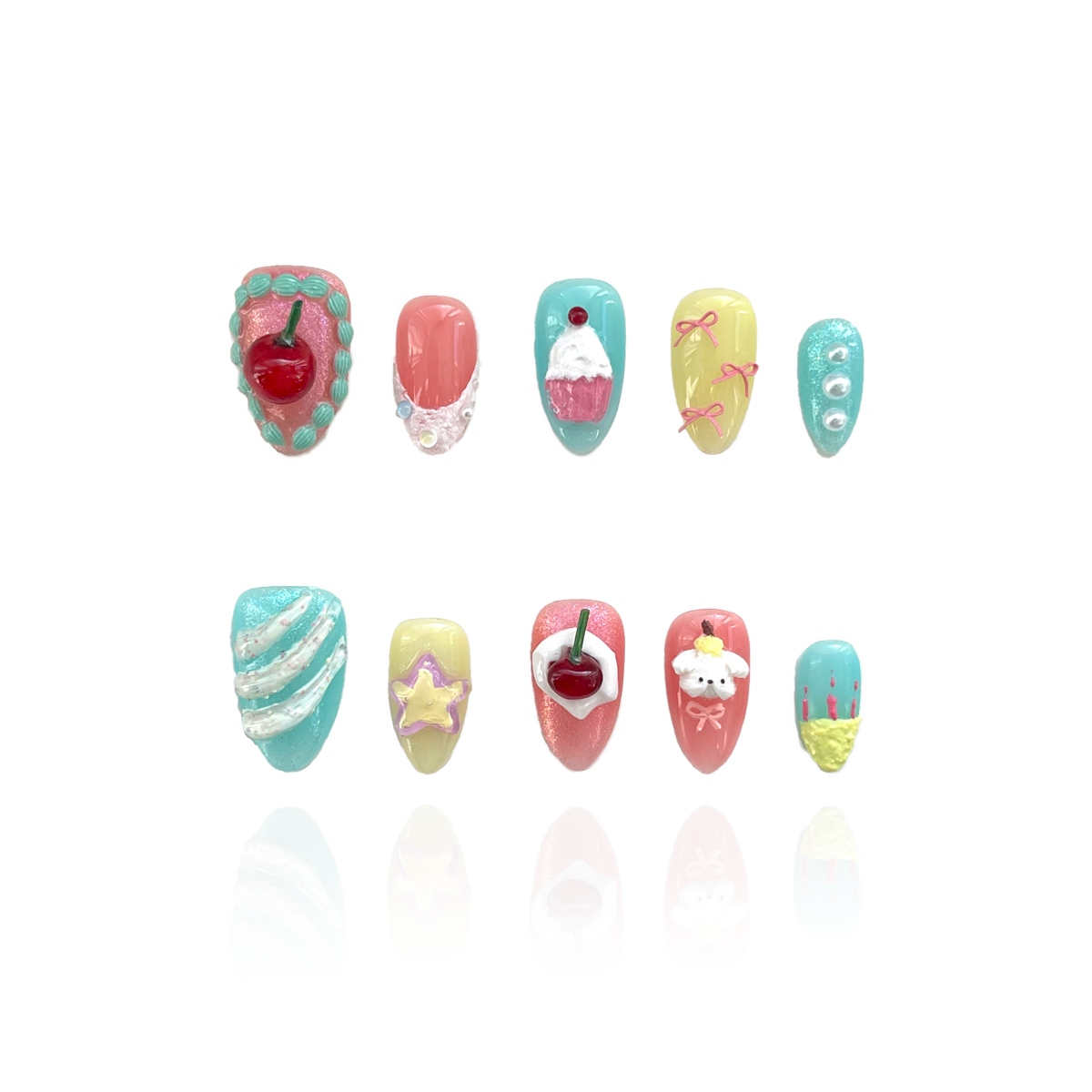 Cubby Reply is a reusable handmade press-on nails set by Leme in a short almond shape, blending expert design with playful charm. Part of the Candy Cream Collection, these 3D nails showcase cute puppy and cake motifs in soothing blue and yellow hues. Perfect for those seeking a unique, high-quality nail art experience that combines durability with adorable, detailed craftsmanship.