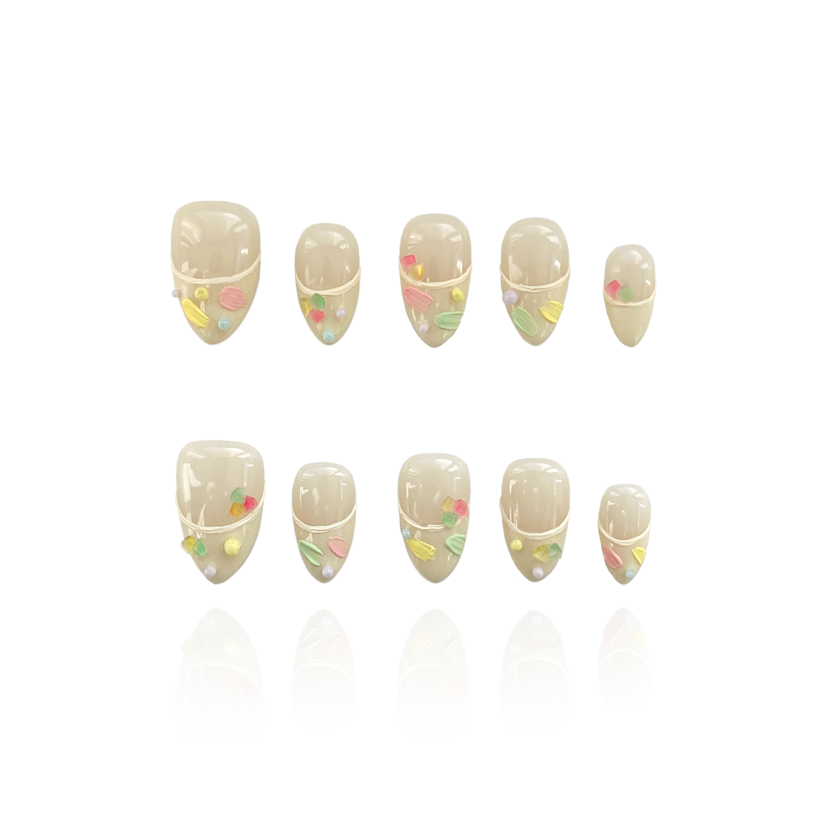 Jelly Mousse is a reusable handmade press-on nails set by Leme. Elevate your manicure with the Jelly Mousse from the Candy Cream Collection. These high-quality, 3D press-on nails feature a sophisticated short almond shape in a versatile beige shade. The unique oil paint texture adds depth and an artistic touch, delivering a professional finish with effortless application. Perfect for those seeking a refined, durable look without compromising on style.
