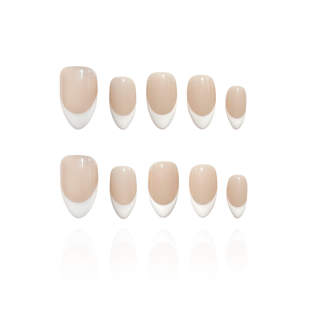 Lady G is a reusable handmade press-on nails set by Leme. The set offers a refined manicure featuring white French tips over a nude base, perfectly crafted in a short almond shape. This elegant design combines classic sophistication with modern subtlety, ideal for those seeking a polished and high-quality look. The precise application ensures durability and a flawless finish, making it suitable for both everyday wear and special occasions.