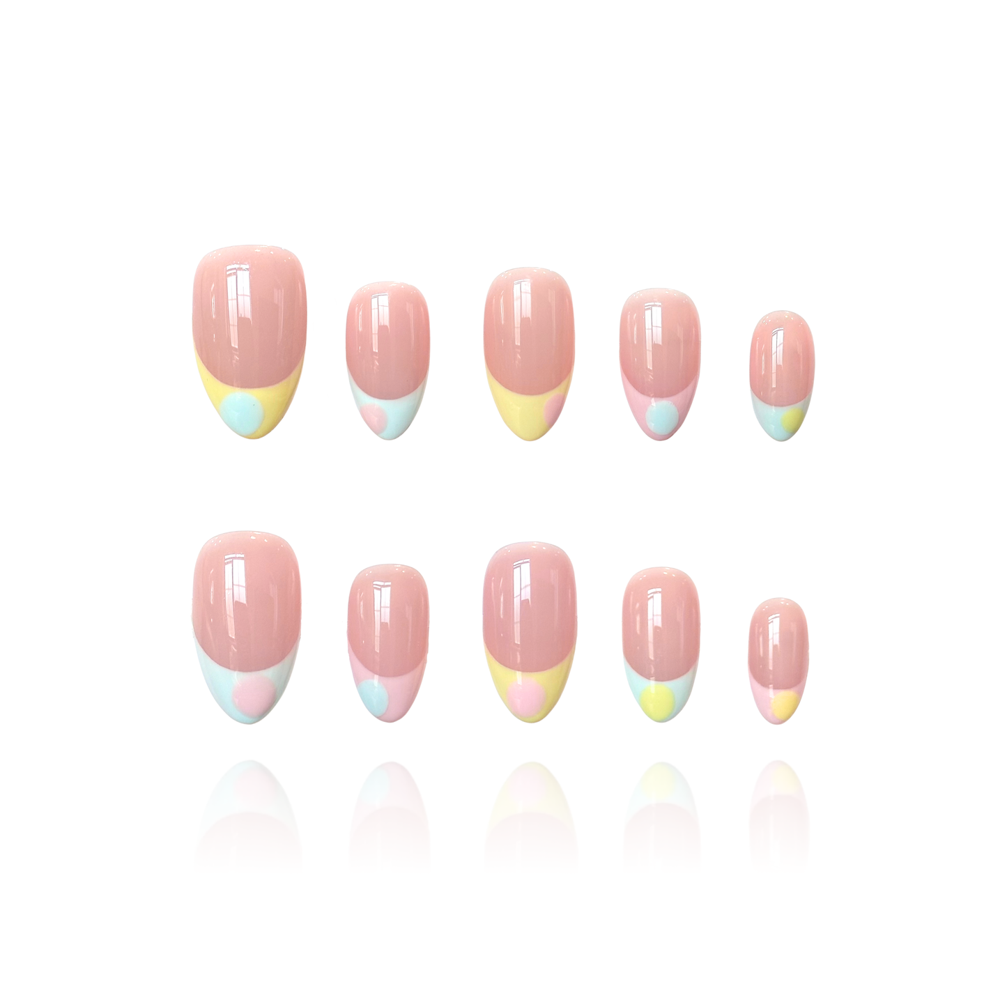 Pastel Polka is a reusable handmade press-on nails set by Leme. High-quality almond-shaped press-on nails with a soft pink nude base and playful summer aesthetic. Features pastel French tips in pink, blue, and yellow adorned with cute oversized polka dots. Perfect for adding a cheerful, on-trend look to your nails in seconds.