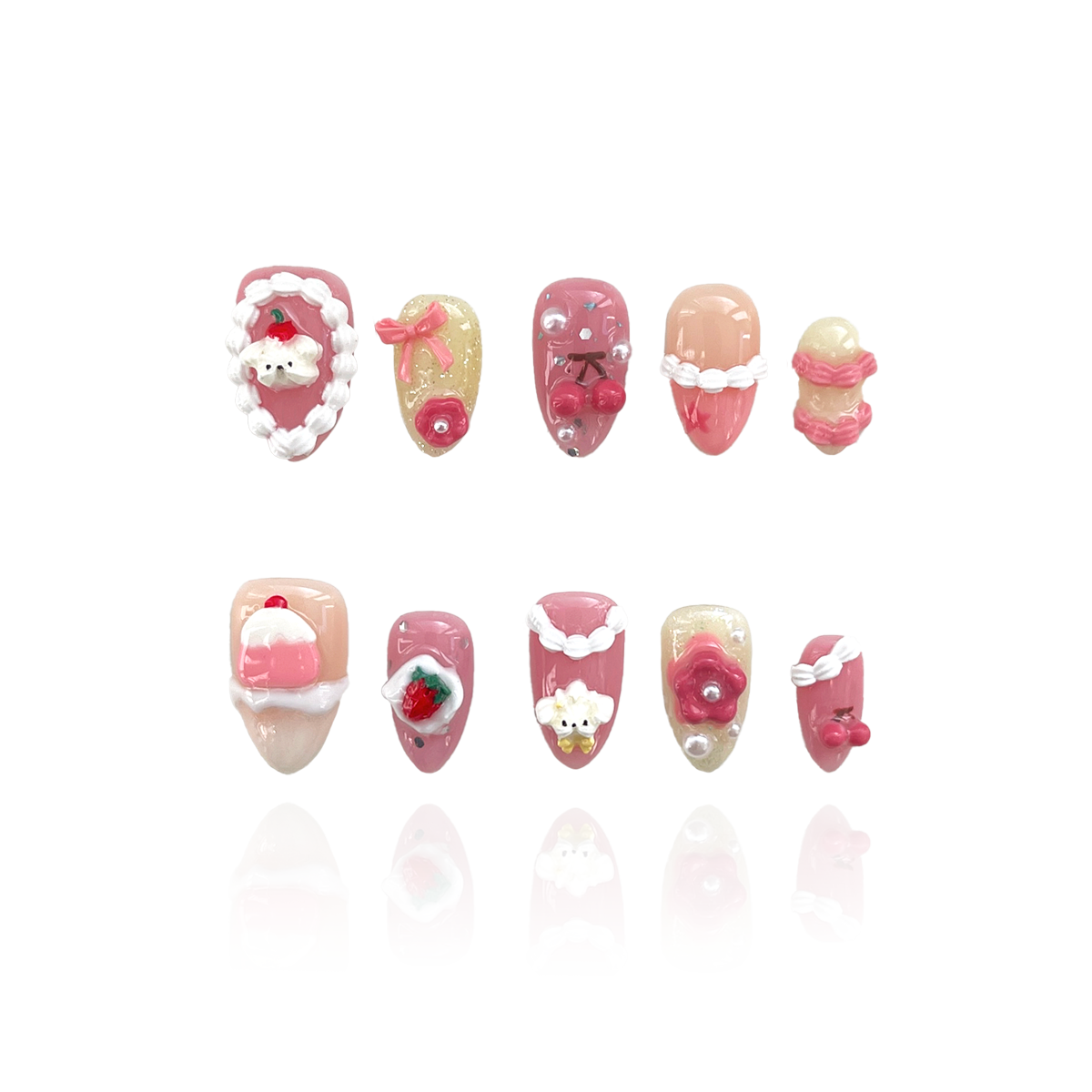 Snack Puppy is a reusable handmade press-on nails set by Leme, featuring a creamy base and playful puppy designs inspired by a cute cream theme. The short almond shape enhances your natural nails while keeping them comfortable for daily wear. These high-quality, charming 3D press-ons add a fun and adorable touch to your fingertips.