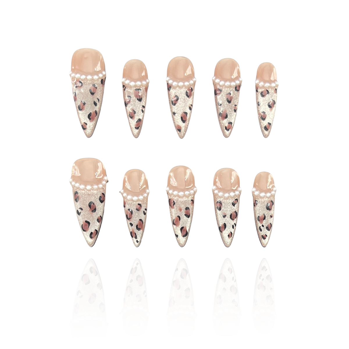 Wild Cat is a reusable handmade press-on nails set by Leme. Elevate your nail game with "Wild Cat," featuring expertly crafted long stiletto nails adorned with chic cat-eye French tips. This high-quality set combines elegant nude tones with striking leopard patterns and delicate pearl accents, delivering a sophisticated yet bold look perfect for those who appreciate refined artistry and daring style.