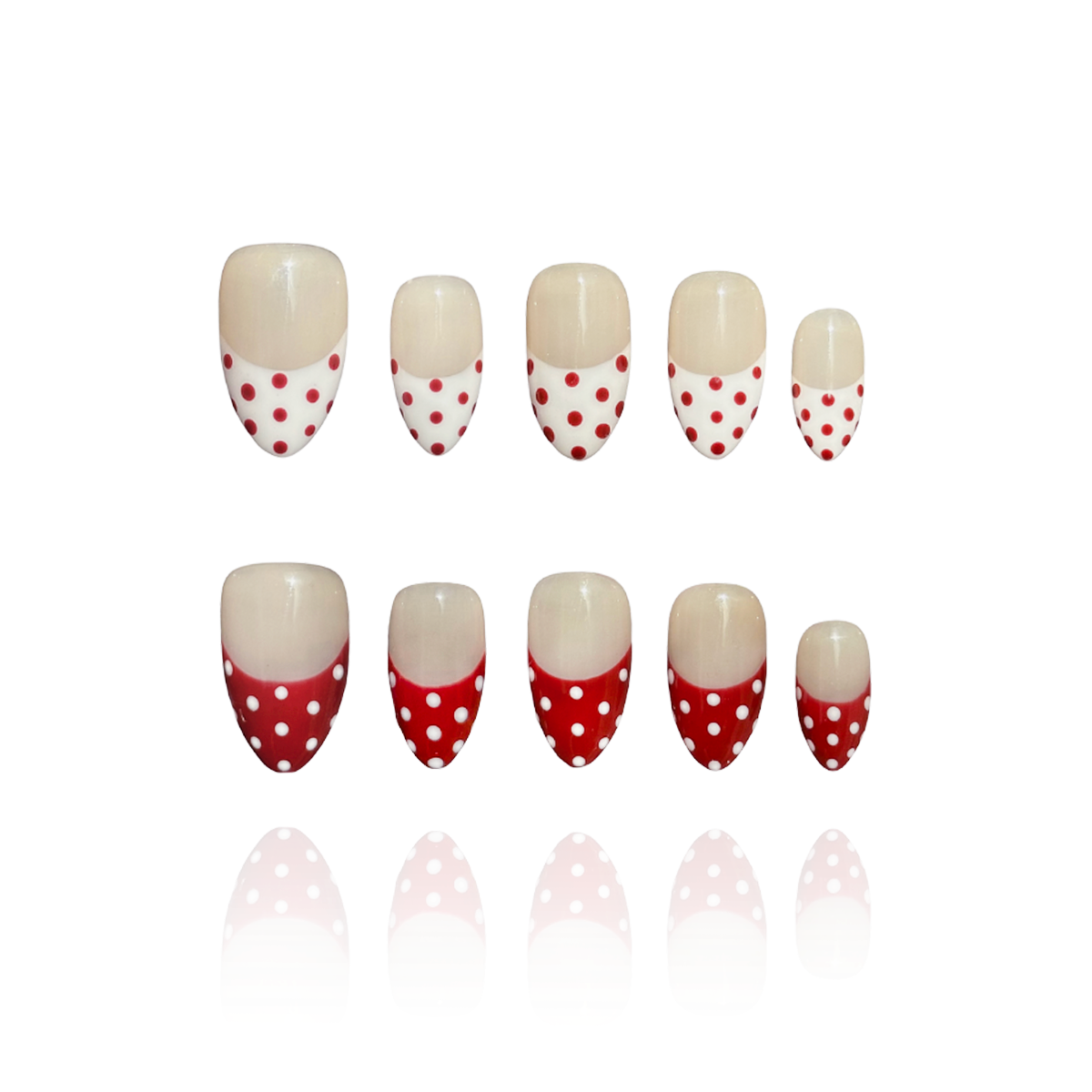 Apple Snow is a reusable handmade press-on nails set by Leme. The design delivers timeless elegance with a nude base and crisp red-and-white French tips adorned with delicate dot detailing. Each set combines precision craftsmanship with versatile styling—choose from multiple shapes and lengths to match your aesthetic and lifestyle. High-quality materials ensure durability and a flawless finish that rivals salon results. Perfect for those seeking a sophisticated, season-spanning manicure that transitions eff