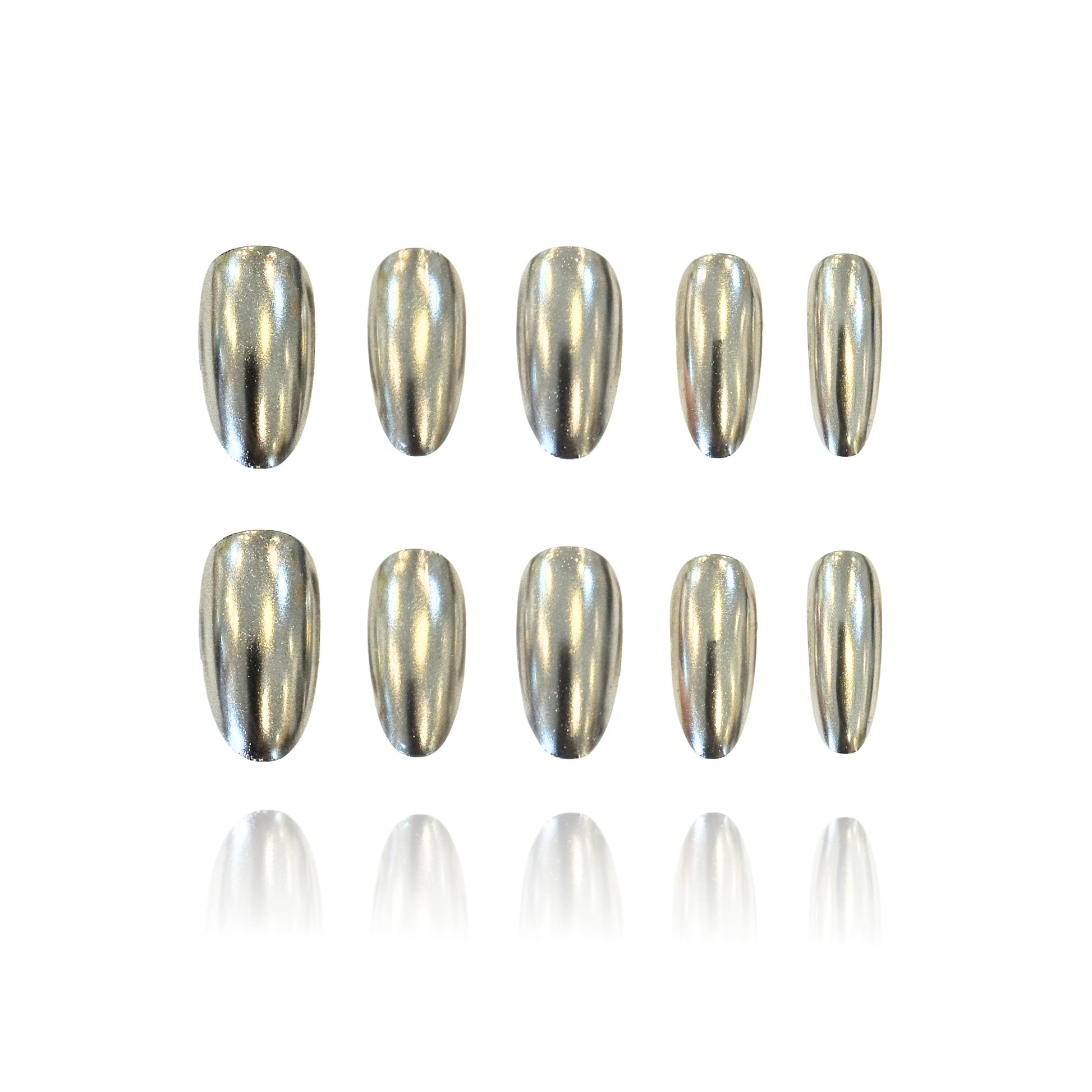 Armor is a reusable handmade press-on nails set by Leme. Introducing this glamorous set, a stunning medium oval piece finished in lustrous silver chrome. Its sleek, polished surface catches the light beautifully, delivering that coveted cool, contemporary aesthetic. Perfect for those who appreciate refined elegance and modern sophistication. The high-quality construction ensures lasting shine and durability, making it an ideal addition to any discerning collection.
