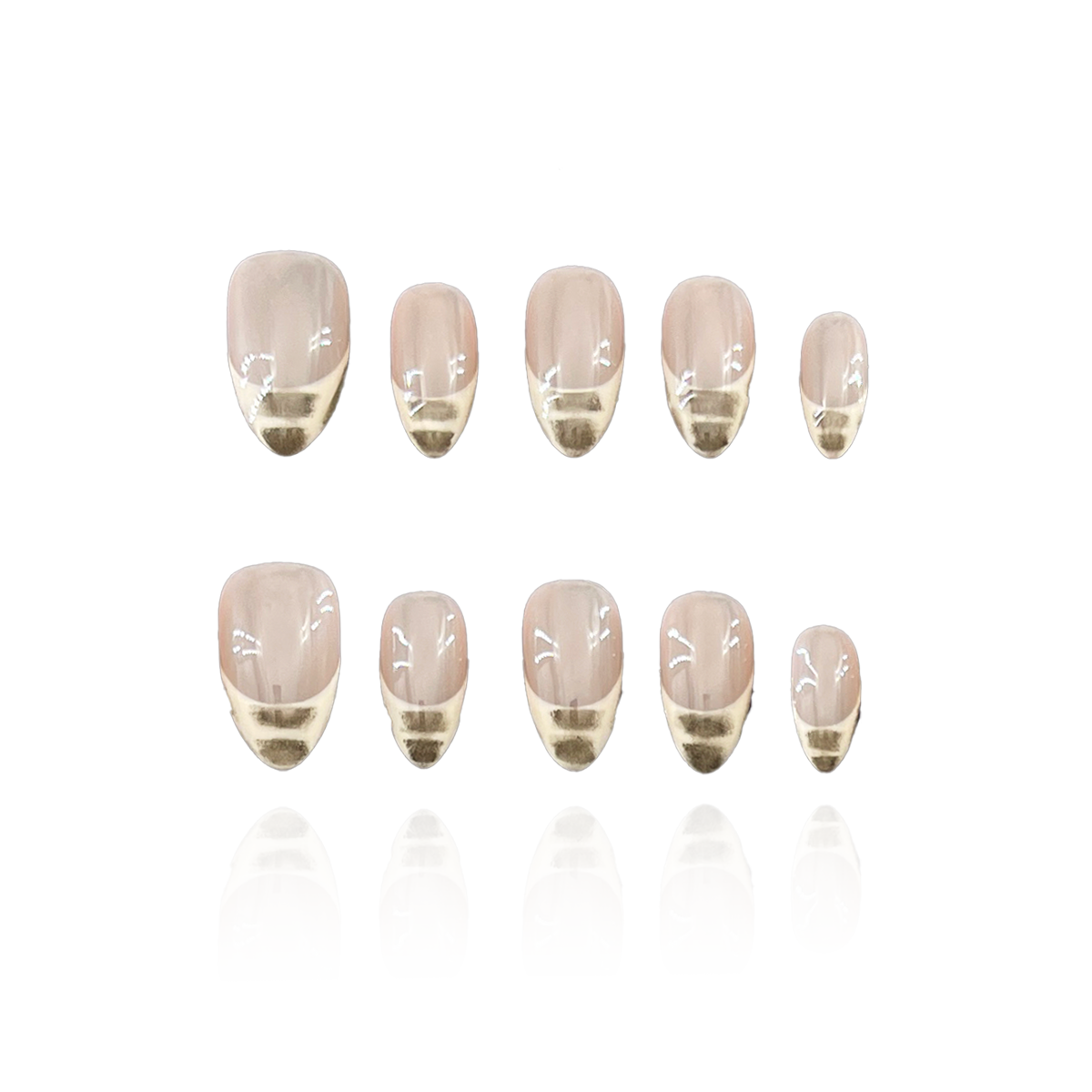 Baby Print is a reusable handmade press-on nails set by Leme. This high-quality nails set features short almond-shaped nails with elegant French tips. The design combines soft nude bases with white and dark brown accents, offering a sophisticated yet fresh look perfect for any occasion.