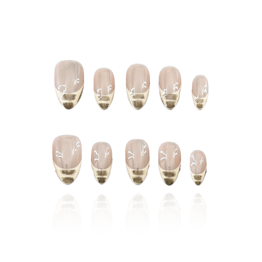 Baby Print is a reusable handmade press-on nails set by Leme. This high-quality nails set features short almond-shaped nails with elegant French tips. The design combines soft nude bases with white and dark brown accents, offering a sophisticated yet fresh look perfect for any occasion.