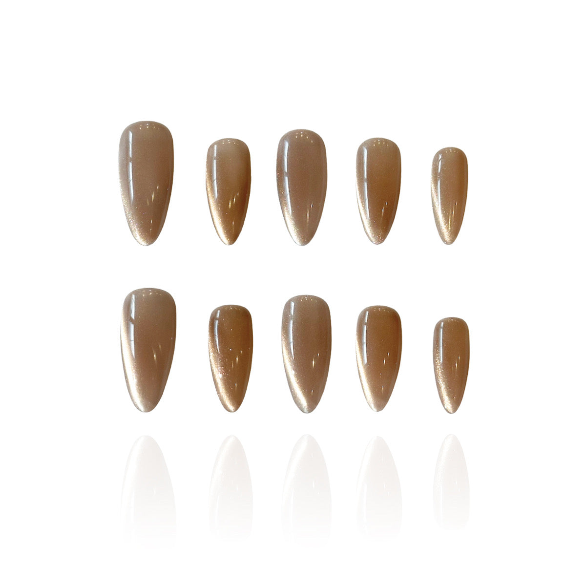 Bronze Latte is a reusable handmade press-on nails set by Leme. It delivers sophisticated elegance with a medium almond silhouette that flatters any hand shape. The rich brown base is elevated by luminous golden shimmers that catch light beautifully, creating depth and dimension. The classic cat-eye design adds a contemporary edge, making these nails perfect for both everyday wear and special occasions. Crafted with premium materials for durability and a flawless finish that lasts.