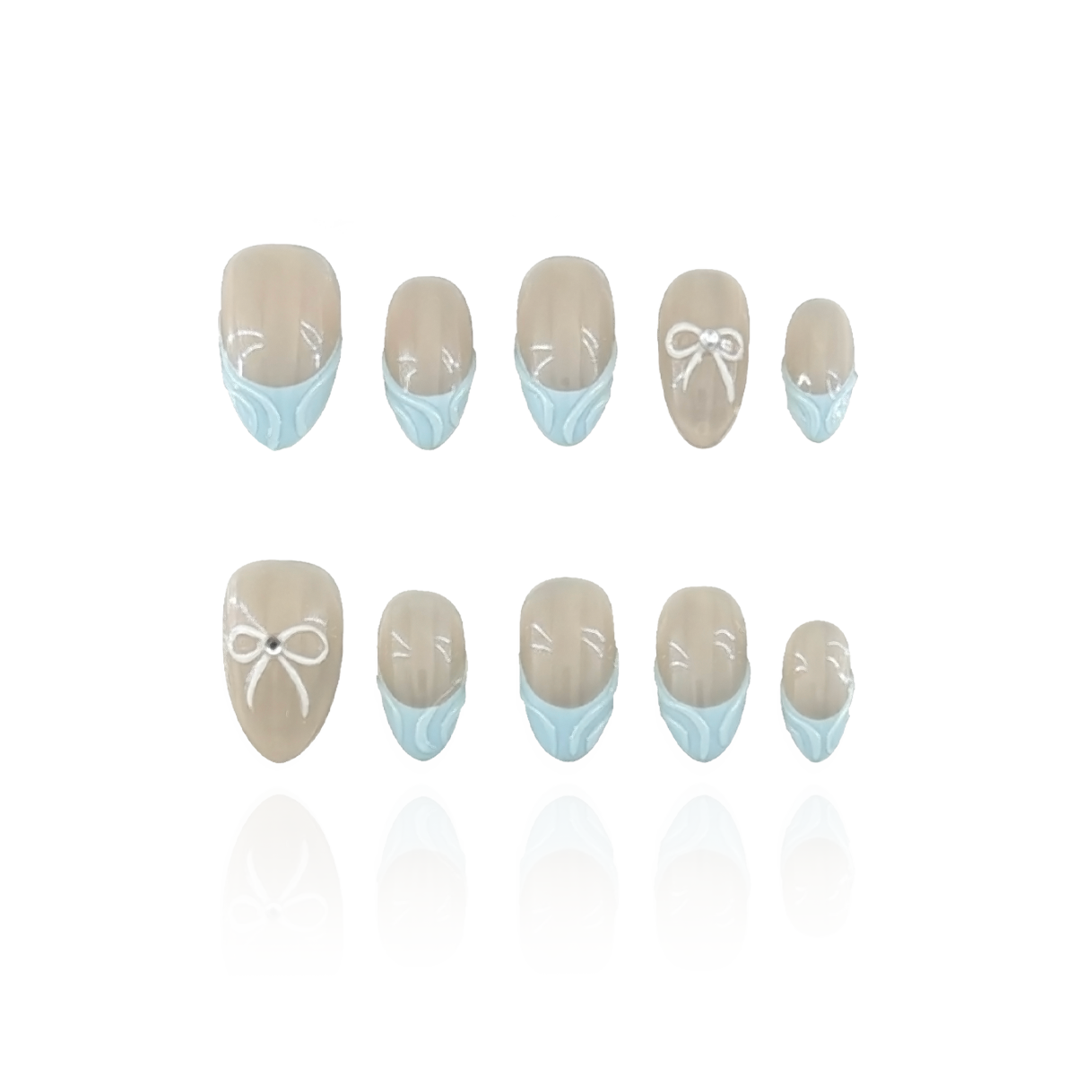 Blue Serenity is a reusable handmade press-on nails set by Leme. These high-quality 3D nails feature a short almond shape with elegant French tips. The delicate baby blue and nude colors create a sophisticated, modern look perfect for any occasion. Designed for durability and style, they offer a flawless finish that enhances your natural nails with expert craftsmanship.