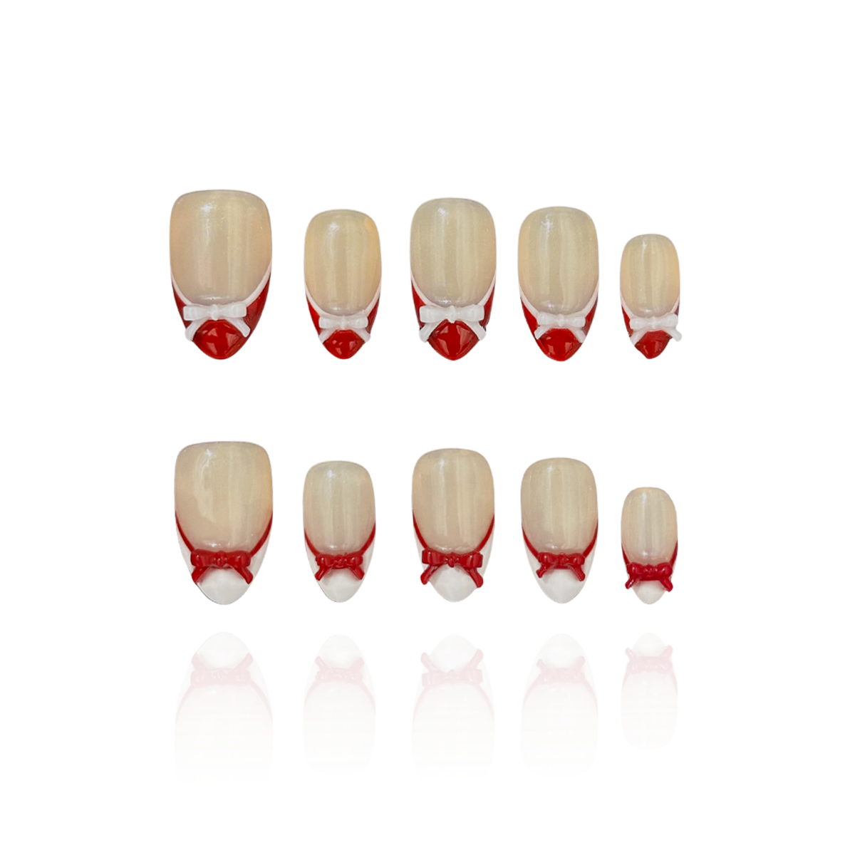 Candy Bow is a reusable handmade press-on nails set by Leme. Elevate your manicure with Candy Bow, a sophisticated press-on nail set featuring a nude base and multiple refined shapes available. Each tip showcases hand-applied French detailing in crisp red and white, crowned with delicate red and white 3D bow accents for a polished, editorial finish. Crafted from premium materials, these nails deliver salon-quality results with effortless application. Perfect for adding a touch of refined elegance to any occ