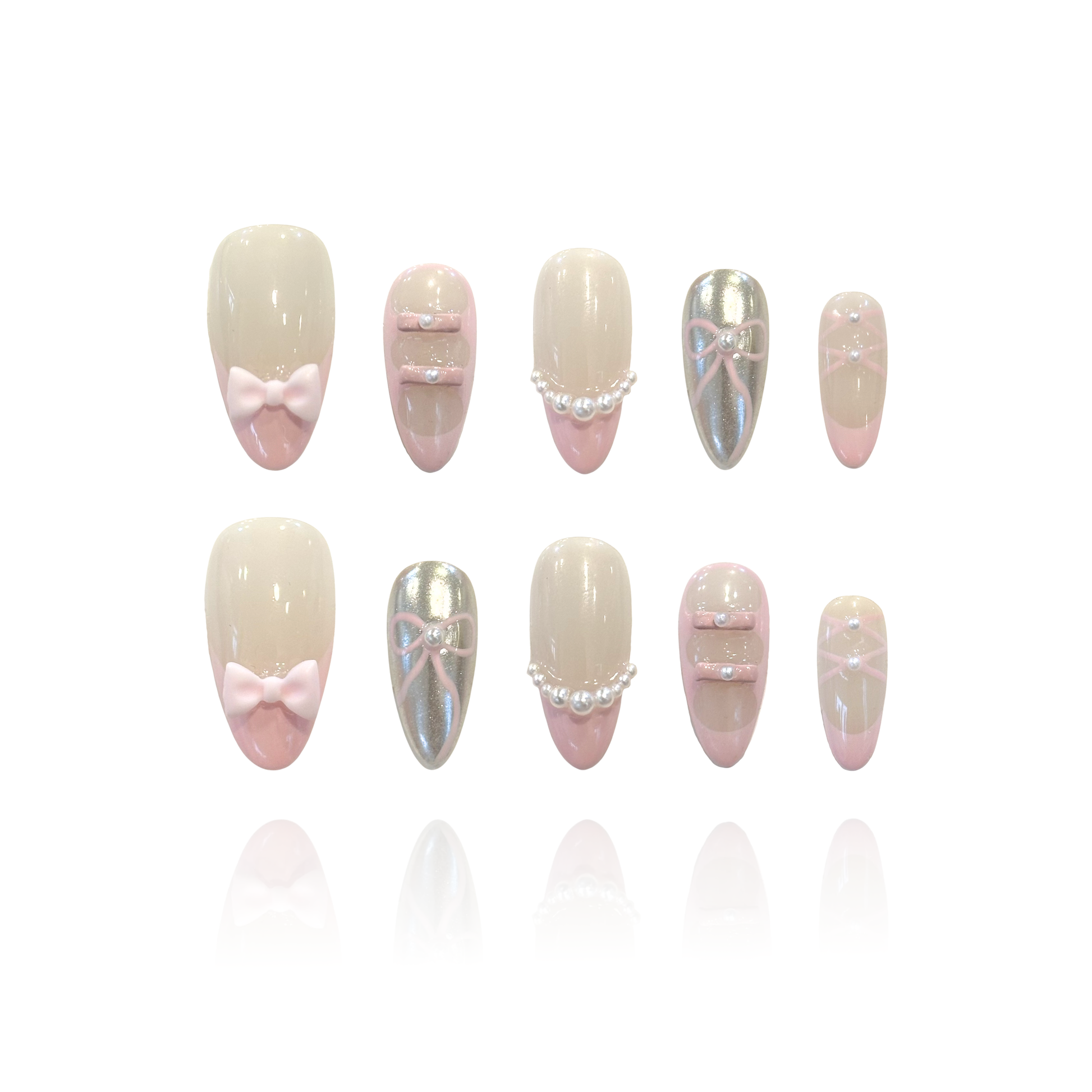 Charlotte is a reusable handmade press-on nails set by Leme. Elevate your nail game with Charlotte, a delicate ballet-inspired press-on set that captures timeless elegance. This medium almond design features a soft nude base with chic pink French tips, accented by two shimmering chrome nails for a modern touch. Tiny pearls delicately adorn select nails, while adorable pink bows grace each thumb—a whimsical detail that brings the entire look together. Perfect for those who love a refined, romantic aesthetic 
