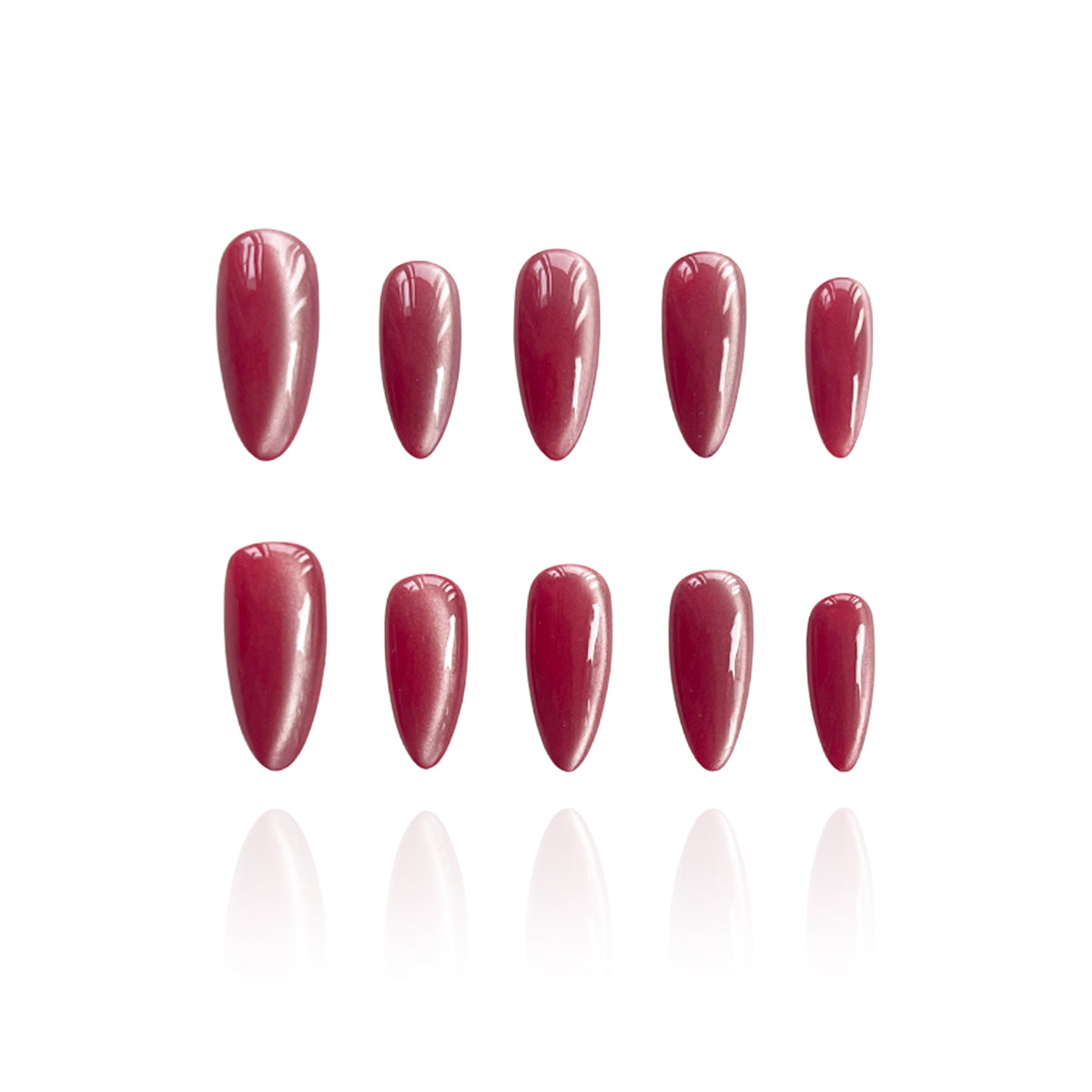 Cherry Bite is a reusable handmade press-on nails set by Leme. Elevate your Valentine's Day look with Cherry Bite, our expertly crafted medium almond-shaped press-on nails. Each nail features a gentle brown-red cat-eye finish enhanced with luxurious silver shimmer, creating a captivating depth that catches light beautifully. The almond silhouette flatters any hand shape while maintaining a sophisticated edge. Designed for flawless application and lasting wear, these high-quality nails deliver salon-level re