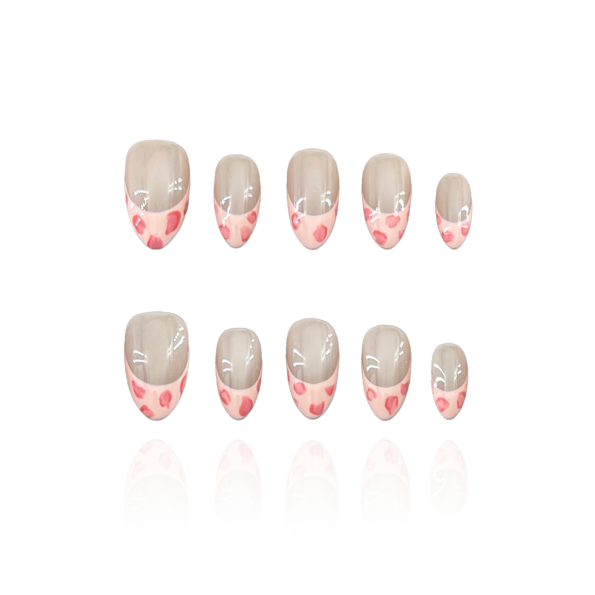 Cute Leopard is a reusable handmade press-on nails set by Leme. These high-quality nails feature a short almond shape with a chic pink leopard pattern and elegant French tips. The nude base enhances the design’s sophistication, making them perfect for a stylish, polished look.