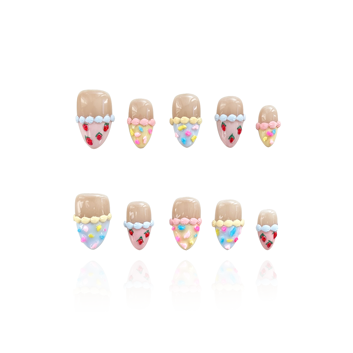 Candy Quake is a reusable handmade press-on nails set by Leme. Part of the Candy Cream collection, the set offers short almond-shaped, 3D press-on nails in a delicate mix of nude, blue, yellow, and pink hues inspired by strawberries and cream. Handmade with high-quality materials, these reusable nails provide a durable, elegant finish for a polished look with effortless application.