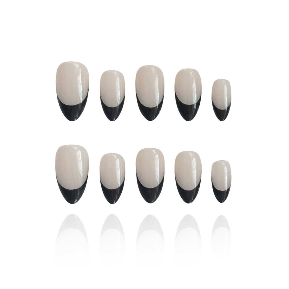 Carina is a reusable handmade press-on nails set by Leme. These sophisticated black French handmade press-on nails feature a chic almond shape, blending modern elegance with timeless style. Meticulously crafted for a precision fit and durability, Leme delivers high-quality results—no appointment needed.