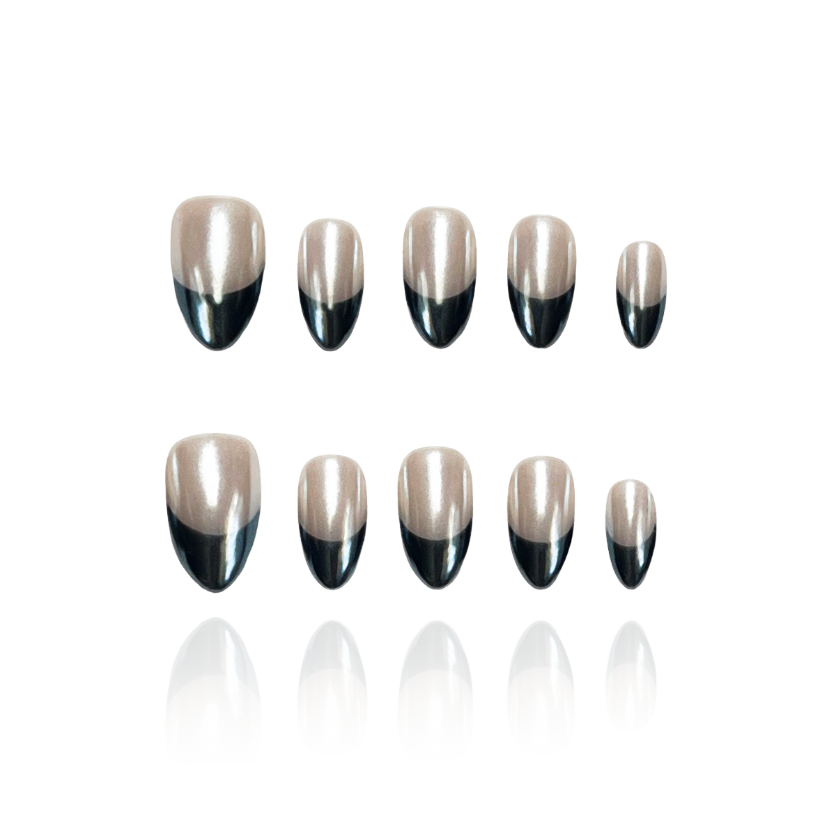 Carina ‘C is a reusable handmade press-on nails set by Leme. Elevate your nail game with Carina ‘C, featuring a sophisticated short almond shape that combines a nude base with striking black French tips. Crafted with high-quality materials and finished with a sleek chrome effect, this design offers a modern, polished look perfect for any occasion. Durable and stylish, these nails provide a flawless finish that enhances your natural elegance.