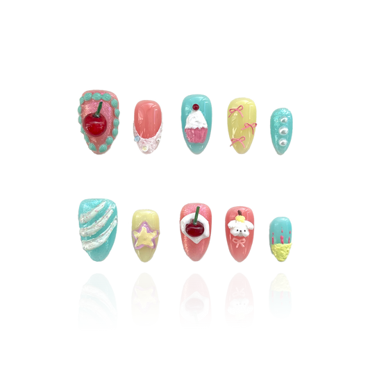 Cubby Reply is a reusable handmade press-on nails set by Leme in a short almond shape, blending expert design with playful charm. Part of the Candy Cream Collection, these 3D nails showcase cute puppy and cake motifs in soothing blue and yellow hues. Perfect for those seeking a unique, high-quality nail art experience that combines durability with adorable, detailed craftsmanship.