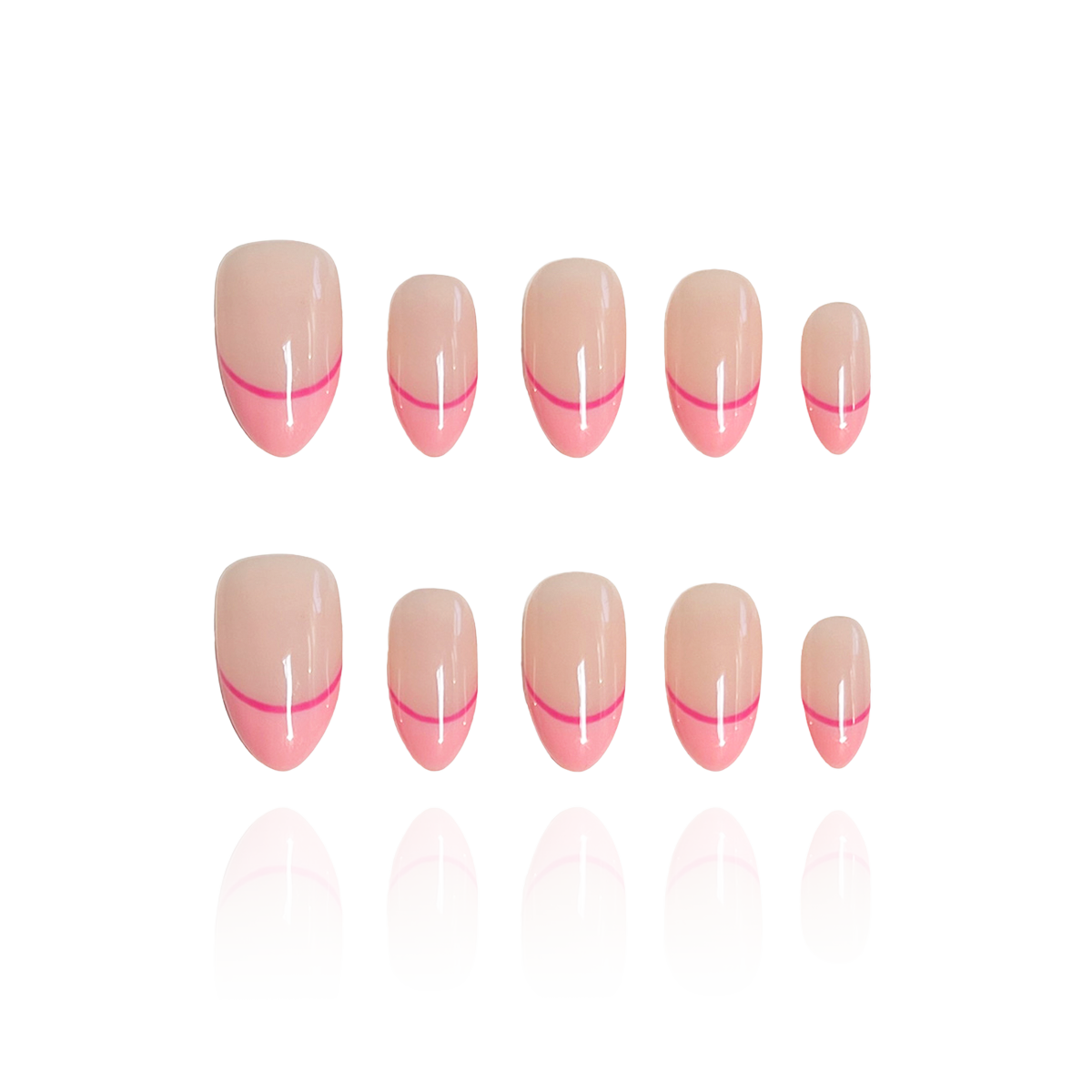 Double Sweets is a reusable handmade press-on nails set by Leme. The set offers a refined nail look featuring a nude base with short almond-shaped nails, elegantly finished with delicate pink French tips. Crafted with high-quality materials, this style ensures durability and a polished appearance, perfect for those seeking a subtle yet sophisticated manicure.
