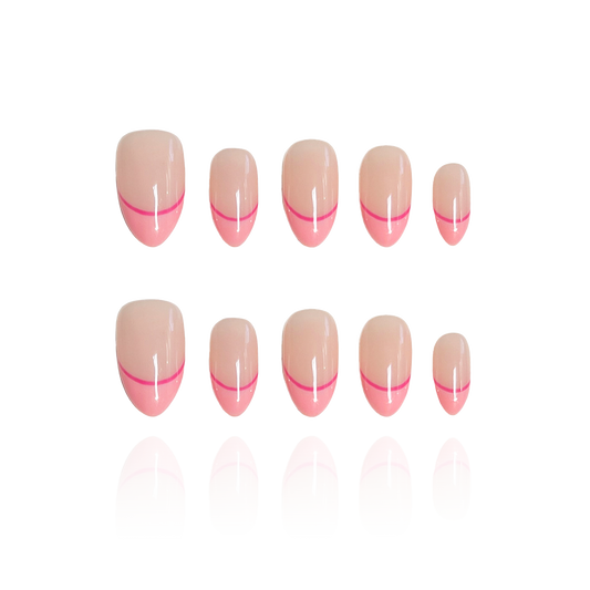 Double Sweets is a reusable handmade press-on nails set by Leme. The set offers a refined nail look featuring a nude base with short almond-shaped nails, elegantly finished with delicate pink French tips. Crafted with high-quality materials, this style ensures durability and a polished appearance, perfect for those seeking a subtle yet sophisticated manicure.