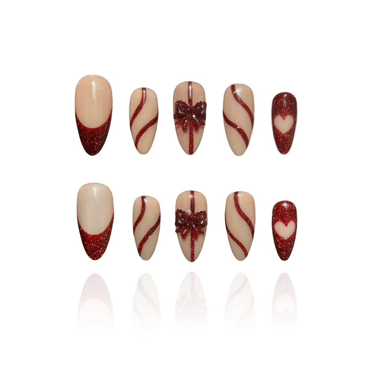 Gift Box is a reusable handmade press-on nails set by Leme. Elevate your nail game with this sophisticated press-on set featuring a medium almond shape and timeless French tip design. The nude base provides a versatile canvas, while glitter red accents add glamorous dimension. Delicate 3D bows adorning the middle fingers create a refined focal point that balances elegance with playful detail. Crafted from premium materials for a salon-quality finish, this set delivers professional results with effortless ap