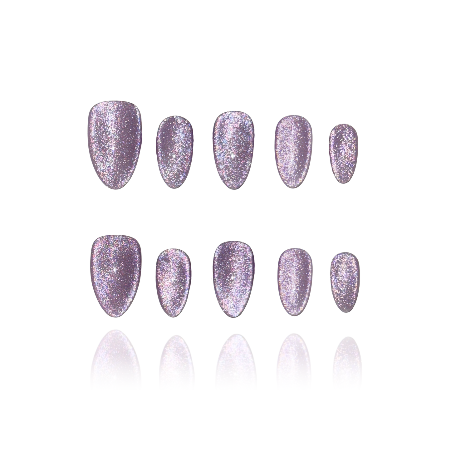 Grape Meteor is a reusable handmade press-on nails set by Leme. High-quality handmade press-on nails in a stunning violet chunky cat-eye finish for maximum sparkle and dimension. Available in various shapes to suit your style. Let violet blooms on your fingertips. 