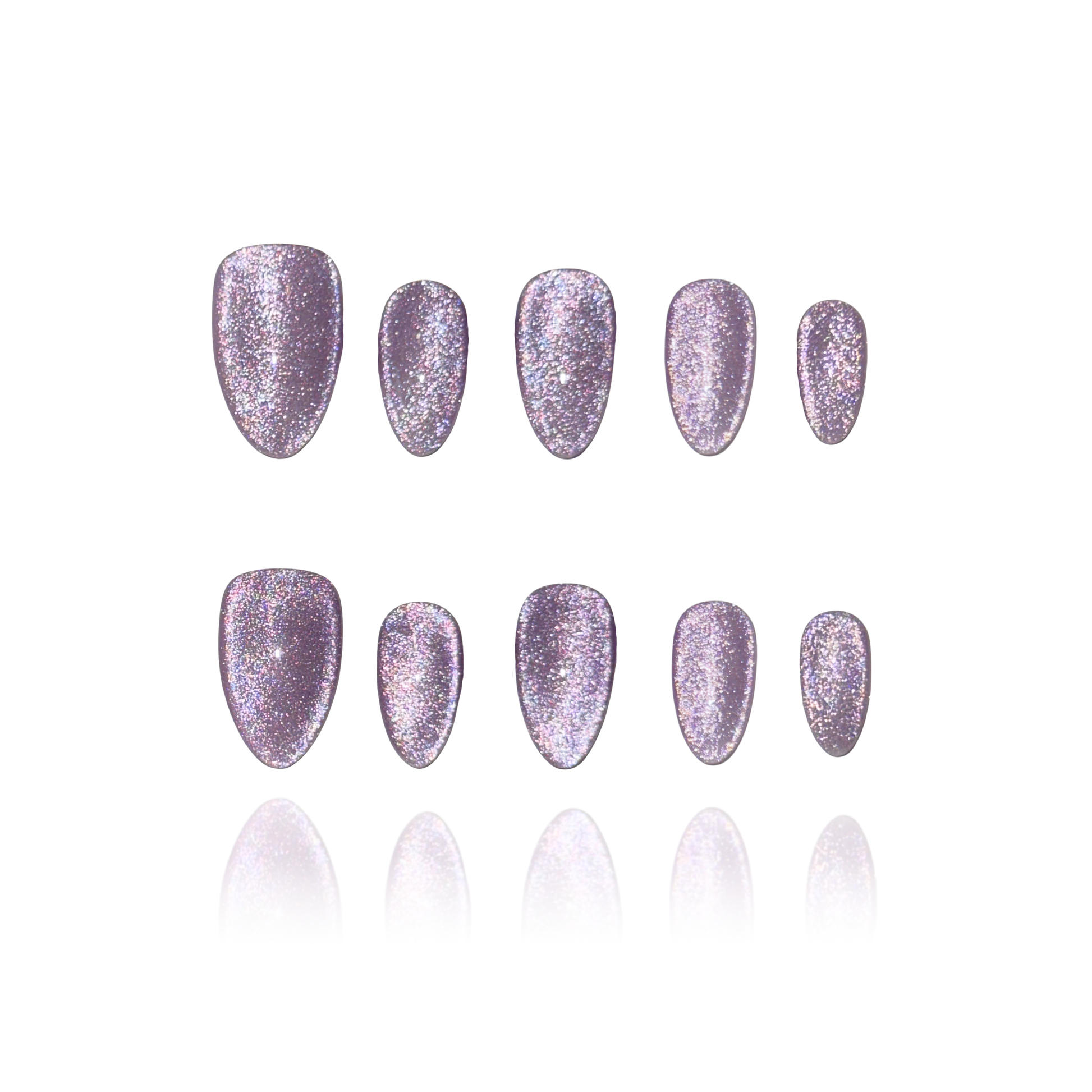 Grape Meteor is a reusable handmade press-on nails set by Leme. High-quality handmade press-on nails in a stunning violet chunky cat-eye finish for maximum sparkle and dimension. Available in various shapes to suit your style. Let violet blooms on your fingertips. 