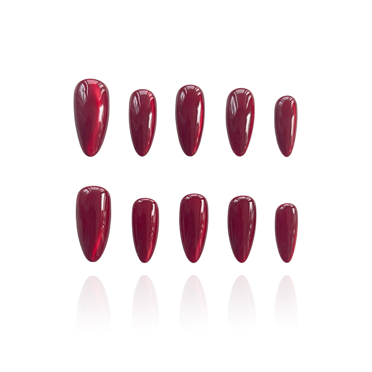 Hickey is a reusable handmade press-on nails set by Leme. Make a statement this Valentine's Day with these expertly designed press-on nails. Featuring a sophisticated medium almond shape and striking hot red cat-eye design, they deliver instant glamour and a distinctly sexy aesthetic. Each nail is crafted from premium materials for superior durability and a flawless finish. Quick to apply and built to last, these nails are your shortcut to salon-quality elegance without the commitment.