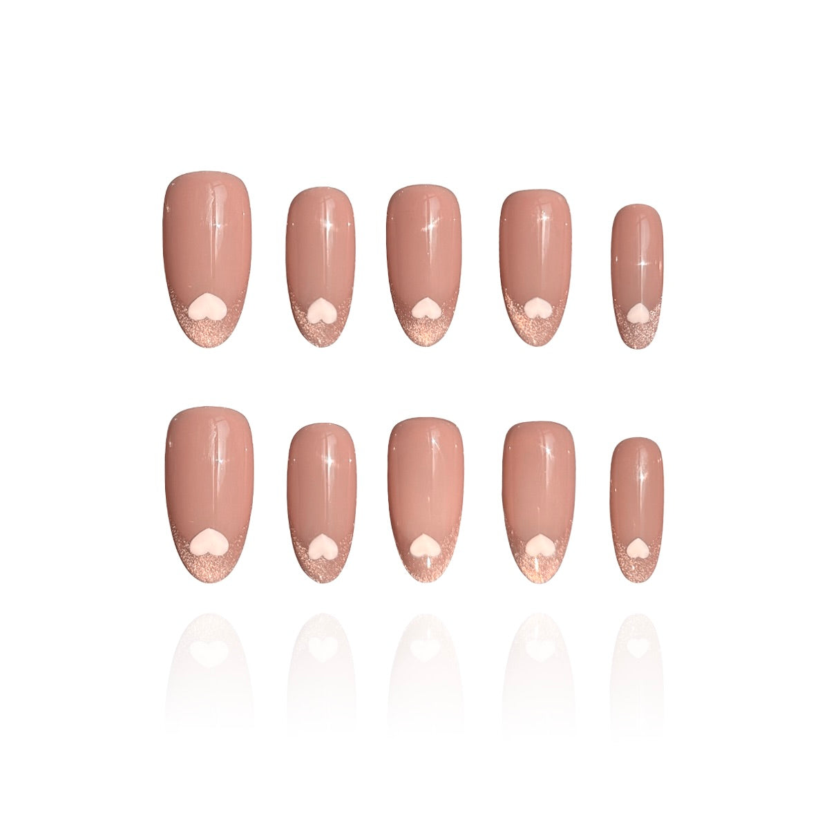 Love Letter is a reusable handmade press-on nails set by Leme. Elevate your manicure with Love Letter, a sophisticated medium oval nail design that captures timeless elegance. These cat-eye French tips feature a delicate pink nude base adorned with hand-drawn hearts, blending classic refinement with romantic detail. The expertly crafted medium oval shape flatters any hand, while the precise cat-eye finish adds dimension and depth. Whether you're planning a romantic evening or simply embracing the season of 