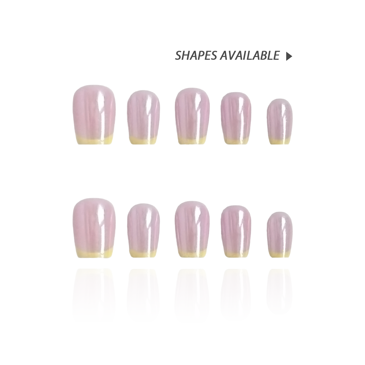 Lavender Petal is a reusable handmade press-on nails set by Leme. Elevate your nail style with the 2025 S/S01 collection, featuring a sophisticated pink base complemented by vibrant yellow French tips. The chrome finish adds a sleek, reflective sheen, enhancing the high-quality craftsmanship. The set comes with multiple shapes and lengths. Perfect for those seeking a modern yet elegant look with durable wear.