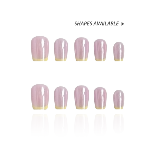 Lavender Petal is a reusable handmade press-on nails set by Leme. Elevate your nail style with the 2025 S/S01 collection, featuring a sophisticated pink base complemented by vibrant yellow French tips. The chrome finish adds a sleek, reflective sheen, enhancing the high-quality craftsmanship. The set comes with multiple shapes and lengths. Perfect for those seeking a modern yet elegant look with durable wear.