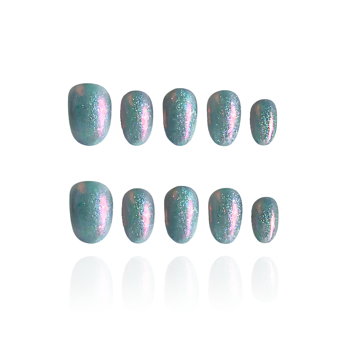 Mermaid Tears is a reusable handmade press-on nails set by Leme. These high-quality cat-eye sunglasses feature a distinctive short oval shape, blending green and pink hues for a unique, sophisticated look. Designed for those who appreciate expert craftsmanship, "Mermaid Tears" offers both style and durability in one elegant accessory.