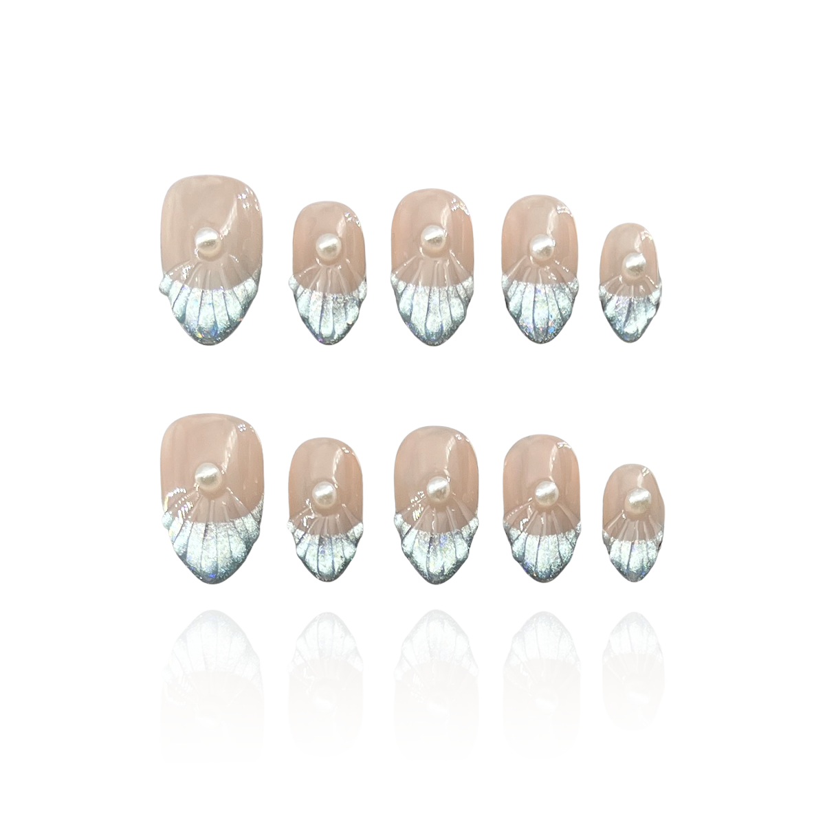 Pearly Wave is a reusable handmade press-on nails set by Leme. The set features expertly crafted short almond-shaped nails with silver-blue cat-eye French tips. Enhanced by delicate wave patterns and pearl accents, these high-quality nails showcase a refined shell grain finish for a sophisticated, elegant look. Perfect for those seeking a subtle yet striking manicure.