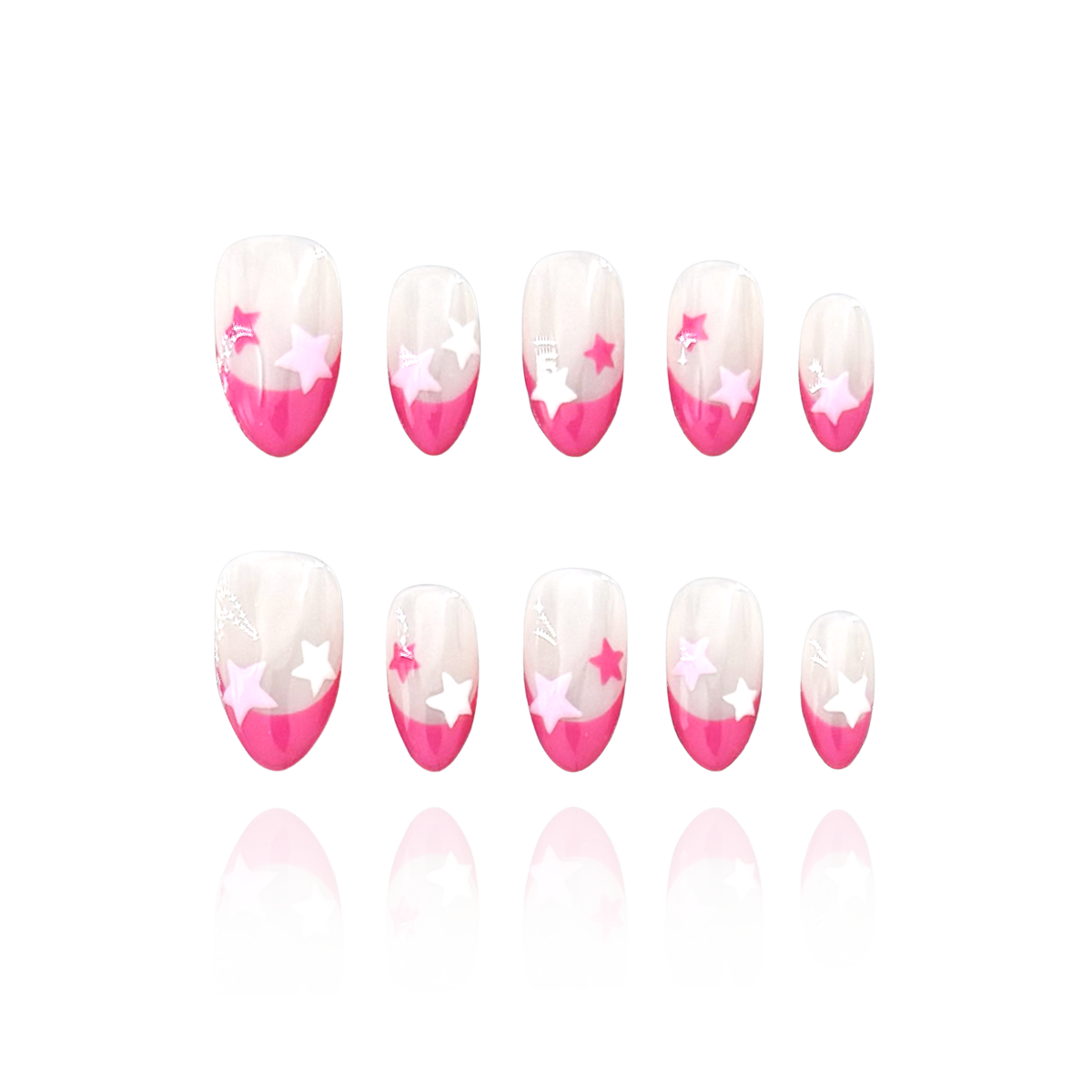 Pink Blink is a reusable handmade press-on nails set by Leme. Elevate your manicure with Pink Blink, featuring expertly crafted short almond-shaped nails. The nude base provides a subtle canvas, highlighted by vibrant hot pink French tips and delicate pink star accents. This high-quality nails set offers a chic, playful look perfect for any occasion.