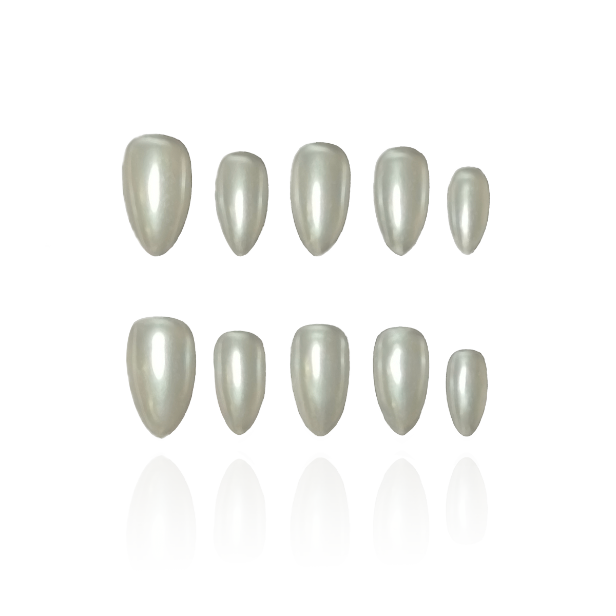 Pearl Hailey is a reusable handmade press-on nails set by Leme. The set features a short almond shape with a sleek chrome finish and a lustrous pearl white color. Crafted from high-quality, solid colors, it offers a durable and shiny texture that combines elegance with lasting strength. Ideal for those seeking a refined and polished look.