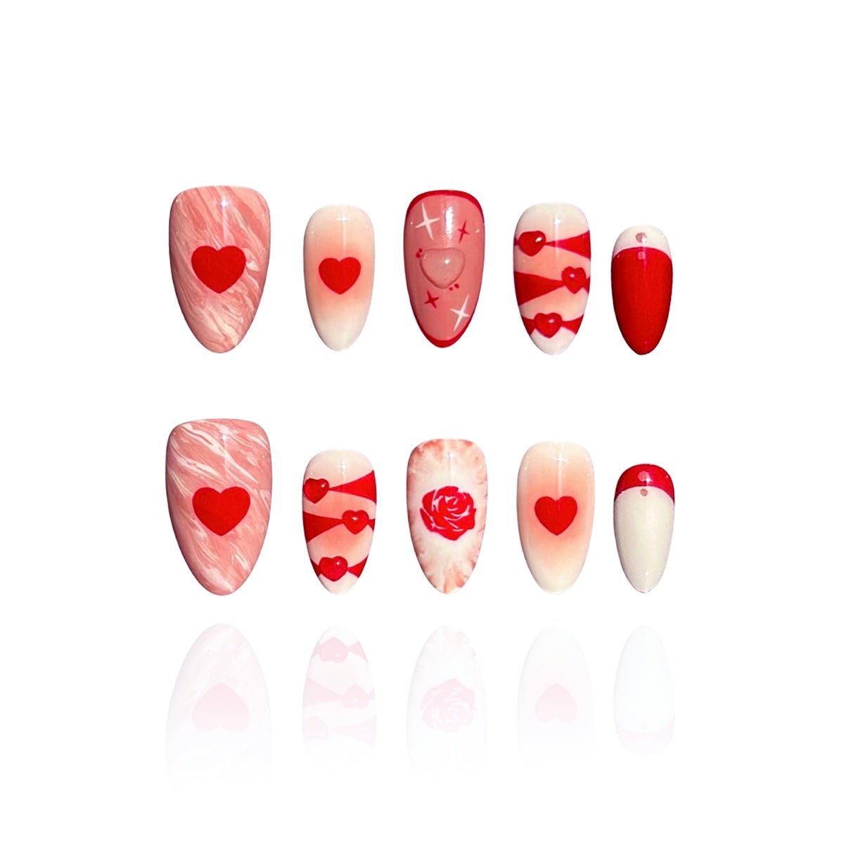 Rosy Ocean is a reusable handmade press-on nails set by Leme. Rosy Ocean captures the essence of romance with its expertly crafted design. Featuring hand-drawn rose paired with delicate 3D hearts, this short almond-shaped nail set delivers a sophisticated yet playful aesthetic. The Valentine's collection showcases a harmonious blend of white, pink, and red tones that complement any complexion. Each nail displays meticulous attention to detail, making this a standout choice for those seeking distinctive, hig