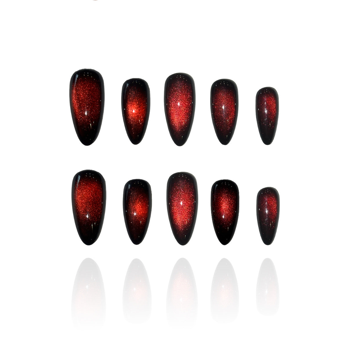 Rubine is a reusable handmade press-on nails set by Leme. It delivers salon-quality results with a striking black-red cat-eye design perfectly suited to medium almond shapes. Engineered from premium materials, these high-quality nails feature a flawless finish and secure adhesive tabs for reliable, all-day wear. The expertly sculpted almond profile flatters any fingertip while the bold two-tone pattern makes an instant impact. Apply in seconds for a polished, professional manicure without the salon visit. 