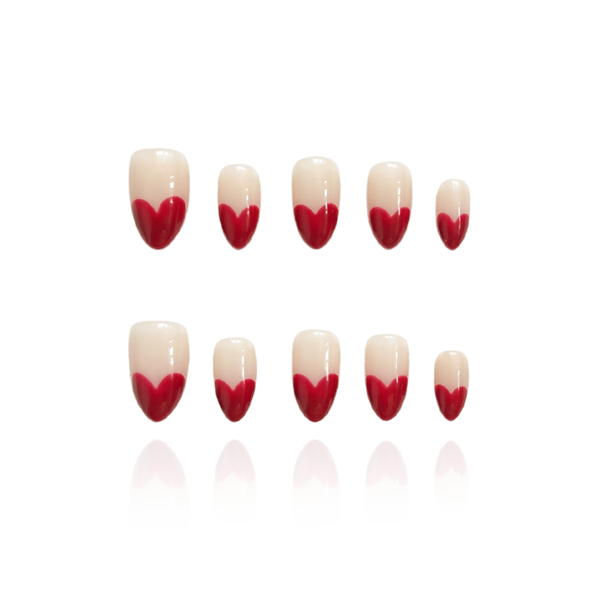 Retro Heart  is a reusable handmade press-on nails set by Leme. This collection features short almond-shaped nails in classic red and nude tones. Handmade with high-quality materials, these reusable nails offer a sophisticated French-inspired look that combines timeless style with durability. Perfect for those seeking a refined, expert touch to their manicure routine.