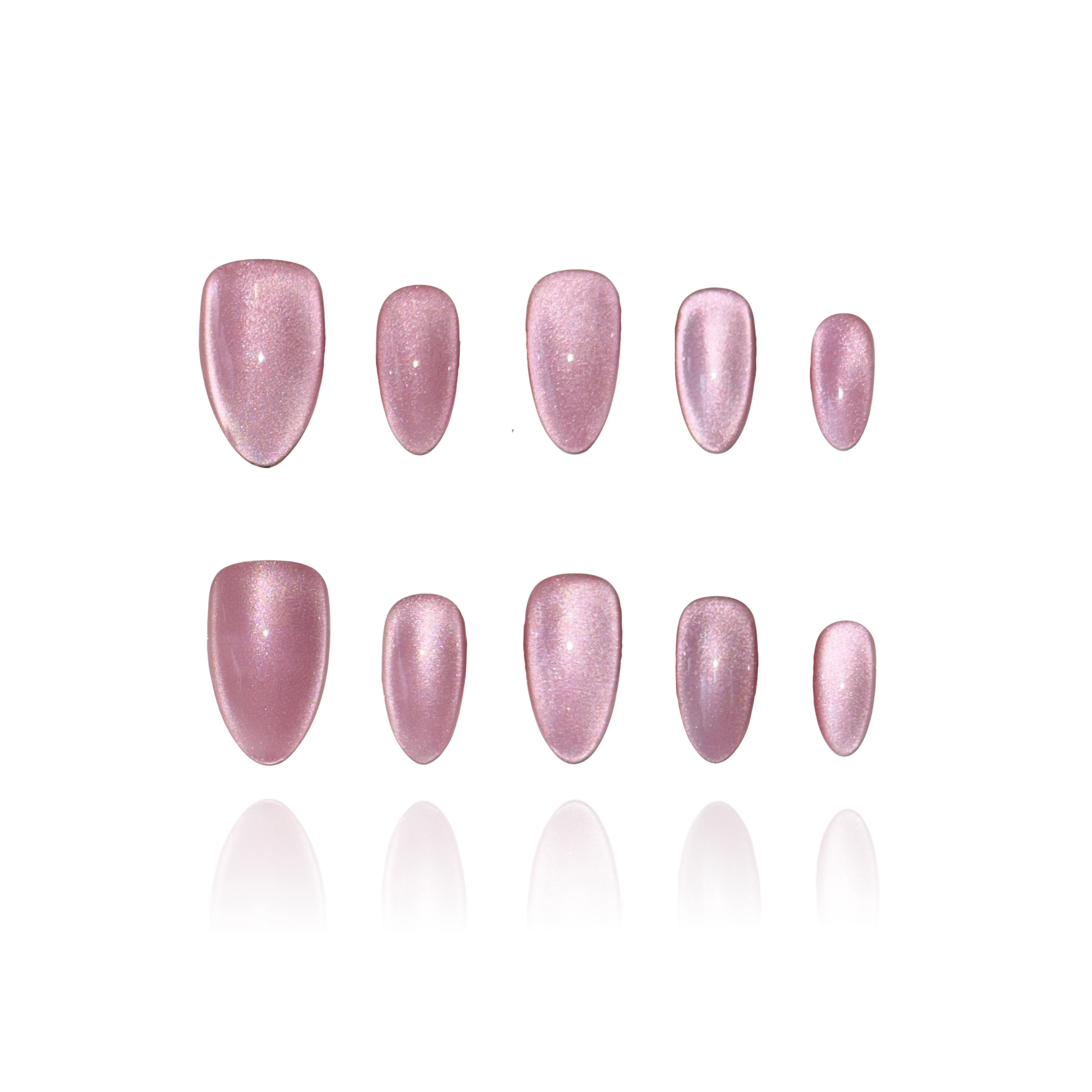 Strawberry Star is a reusable handmade press-on nails set by Leme. The set delivers effortless elegance with its pink fine cat-eye finish on a flattering almond shape. The design is perfect for Spring, offering a sophisticated look that transitions seamlessly from day to night. 