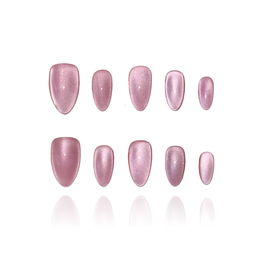 Strawberry Star is a reusable handmade press-on nails set by Leme. The set delivers effortless elegance with its pink fine cat-eye finish on a flattering almond shape. The design is perfect for Spring, offering a sophisticated look that transitions seamlessly from day to night. 