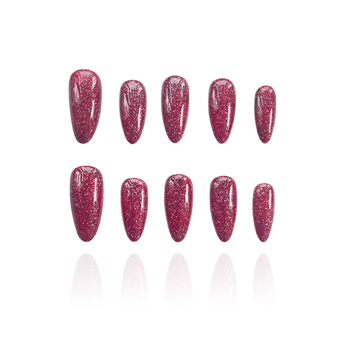 Sweatheart is a reusable handmade press-on nails set by Leme.Elevate your Valentine's Day look with these stunning medium almond-shaped nails featuring a sophisticated raspberry pink glitter base. Each nail is meticulously crafted with premium quality materials to ensure durability and a flawless finish. The intricate firework alike design adds depth and dimension, creating a captivating sparkle that catches the light beautifully. Perfect for the season of love, these nails deliver both elegance and eye-cat