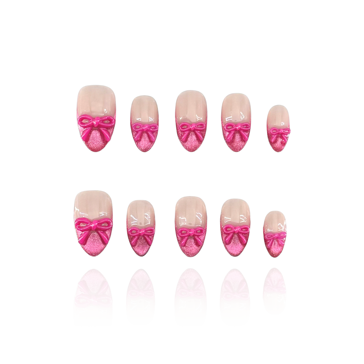 Sassy Diva is a reusable handmade press-on nails set by Leme. Elevate your manicure with the Sassy Diva nails, featuring a short almond shape and classic French tips enhanced by a vibrant hot pink cat-eye effect. Each nail is adorned with a delicate pink bow tie over a nude base, combining elegance with a playful edge. Crafted with high-quality materials, these nails offer durability and a flawless finish for a confident, expert look.