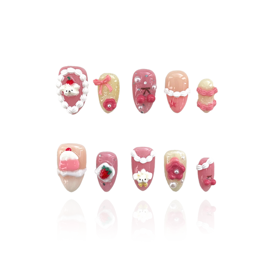 Snack Puppy is a reusable handmade press-on nails set by Leme, featuring a creamy base and playful puppy designs inspired by a cute cream theme. The short almond shape enhances your natural nails while keeping them comfortable for daily wear. These high-quality, charming 3D press-ons add a fun and adorable touch to your fingertips.