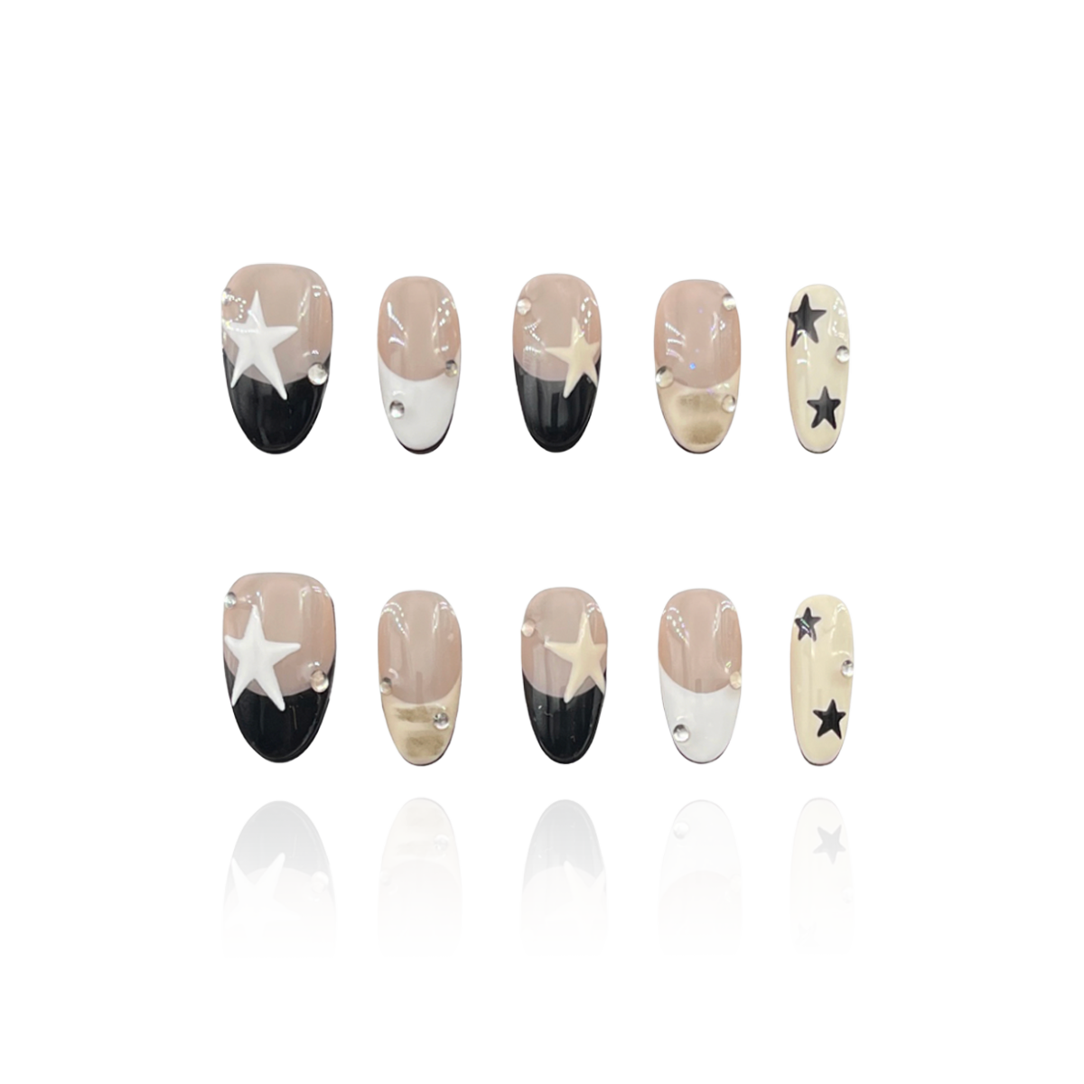 Starry Chic is a reusable handmade press-on nails set by Leme. Elevate your nails with the Starry Chic design, featuring an oval shape and a nude base that highlights cute black and white French tips. Accented with creamy yellow hues, delicate stars, and small diamonds, this high-quality press-on nails set offers a sophisticated yet playful look perfect for any occasion.