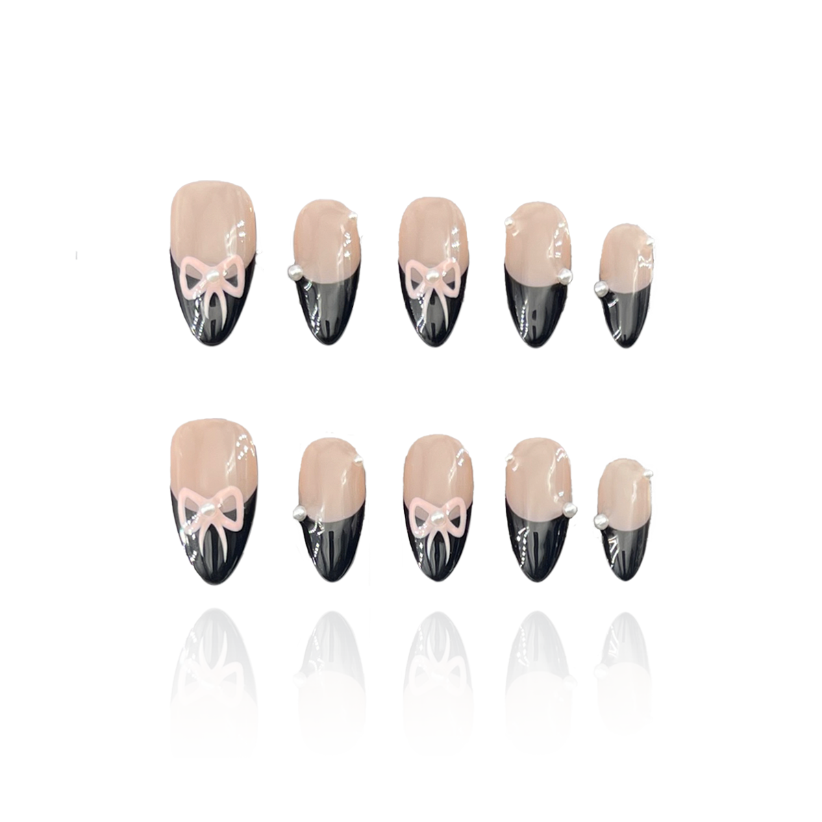 Tie Me is a reusable handmade press-on nails set by Leme. Elevate your nail style with "Tie Me," featuring expertly crafted almond-shaped nails and intricate 3D designs. These high-quality nails showcase a chic nude base accented by elegant black French tips and a delicate pink bow tie design, combining sophistication with a playful touch. Perfect for those seeking a refined yet unique manicure look.