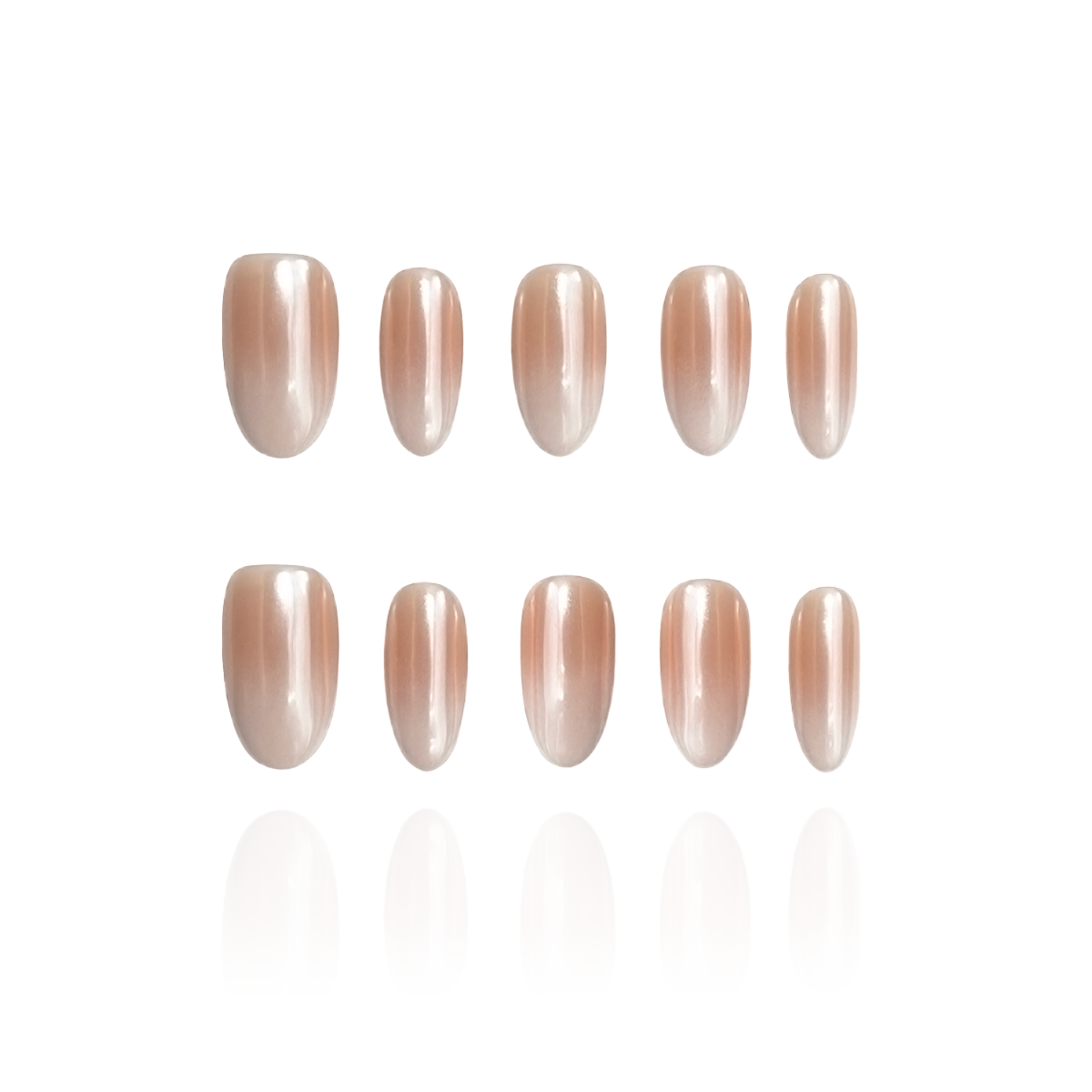 Tipsy is a reusable handmade press-on nails set by Leme. Featuring a medium-length oval shape, each nail showcases a high-quality chrome finish with a seamless gradient from nude to pristine white. This sophisticated design delivers a subtle yet striking appearance, ideal for those who appreciate refined, modern style with lasting wear.