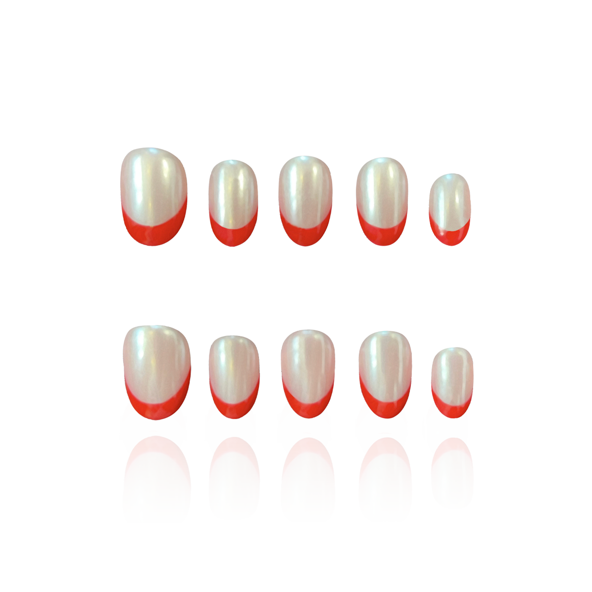 Tiddly Lip is a reusable handmade press-on nails set by Leme. The set offers a sophisticated manicure with its short oval-shaped nails featuring a classic French tip in elegant red and pearl pink tones. Crafted with high-quality chrome finish, these nails provide a sleek, durable look that enhances natural beauty with expert precision. Perfect for a refined, polished appearance.